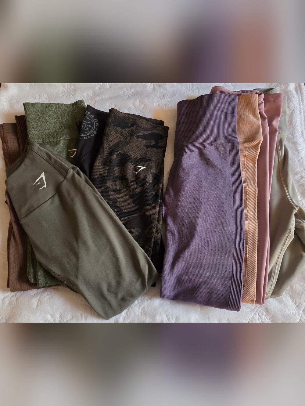 Gymshark Leggings Bundle in Olive, Camouflage, Purple, Mauve and Tan